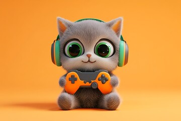 Wall Mural - A cute cat wearing headphones and holding a game controller.