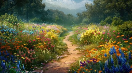 a scene featuring two roads surrounded by wildflowers, with one road bordered by colorful blooms and the other by more subdued vegetation.