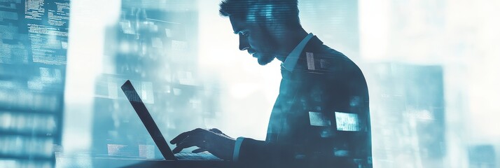 Poster - A businessman focused on his laptop, analyzing data with a double exposure of a cityscape and digital code in the background. This image symbolizes ambition, innovation, technology, data analysis, and