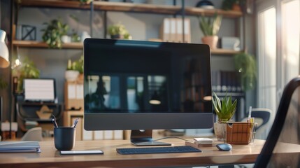 Poster - Design a scene of a computer workstation featuring a large monitor and a wireless keyboard.