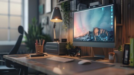 Poster - Design a scene of a computer workstation featuring a large monitor and a wireless keyboard.