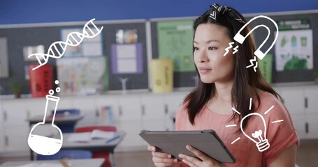 Poster - Holding tablet, woman surrounded by science icons animation in classroom