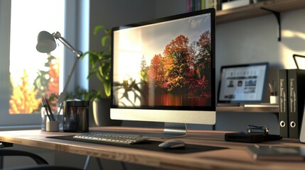 Poster - a scene of a modern office desk with a computer, including a high-resolution monitor and a wireless keyboard.