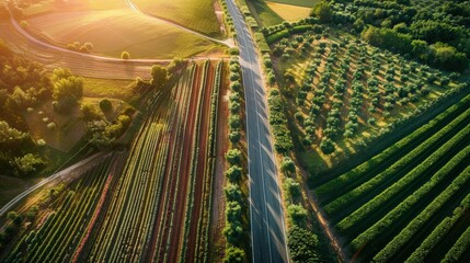 a scene of two roads in an agricultural area, with one road lined with farms and the other passing through orchards.