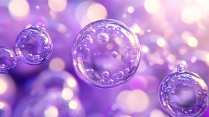 Wall Mural - A close-up image of iridescent purple bubbles floating on a soft lavender background. The bubbles symbolize purity, fragility, and the delicate nature of life.