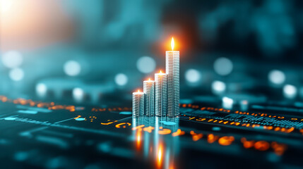 Poster - Rising bars illustrated with glowing lights symbolize financial growth against a backdrop of market data and analytics. This visualization conveys economic trends and progress