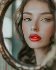 Wall Mural - A young woman applying red lipstick in front of a vanity mirror. Confidence is the best accessory.