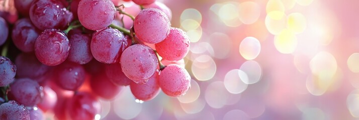 Poster - A close-up shot of a cluster of pink grapes with dew drops, showcasing their vibrant color and juicy texture. The background features a soft, out-of-focus bokeh effect, creating a dreamy and ethereal 