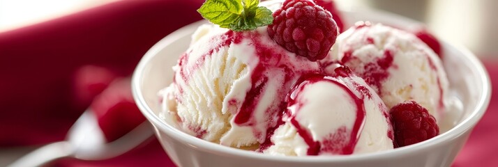 Wall Mural - A close-up shot of a white bowl filled with vanilla ice cream with raspberry swirls, topped with fresh raspberries and a sprig of mint. The image evokes feelings of sweetness, refreshment, and indulge