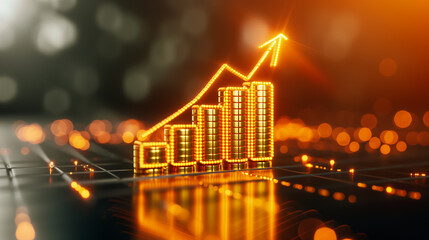 Poster - A glowing bar chart with an upward trend stands out against a dark background, representing growth in business performance and financial metrics prominently