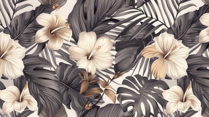 a sophisticated tropical pattern with elegant botanical illustrations of tropical plants.