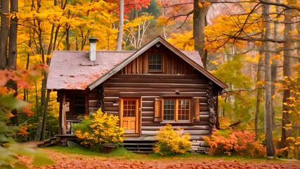 Wall Mural - A charming, wooden cabin sits amidst colorful autumn leaves in a forest A cozy cabin nestled among vibrant foliage