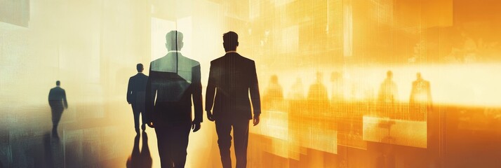 Wall Mural - A double exposure image of businessmen walking towards a bright and blurry background, symbolizing success, ambition, teamwork, progress, and a hopeful future.