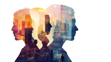 Wall Mural - A double exposure image showing three silhouettes of business professionals with a cityscape overlay, symbolizing teamwork, ambition, urban life, progress, and innovation.