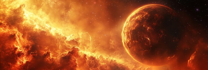 Wall Mural - A fiery gas giant with vivid cloud patterns fills the foreground, casting an orange glow across the vast expanse of space. The planet's surface appears to be a swirling mass of fire and gas, with intr