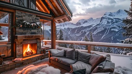 Canvas Print - A cozy cabin nestled in the snowy mountains, complete with a roaring fireplace and comfortable seating A cozy cabin nestled in the snowy mountains with a crackling fireplace inside