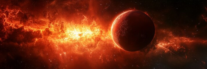 Poster - A fiery red dwarf star illuminates a desolate, barren planet. The star's intense energy bathes the planet in a fiery glow, highlighting the harsh conditions.  The red dwarf star symbolizes the power o