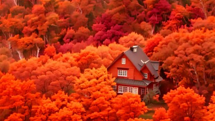 Sticker - A charming cabin sits amidst a sea of red and orange autumn leaves in a mountainous region A cozy cabin surrounded by a sea of red and orange trees