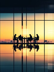 Sticker - A group of business people are working together in a modern office space, silhouetted against a breathtaking sunset. Their focused posture and strategic placement around a table suggest collaboration 