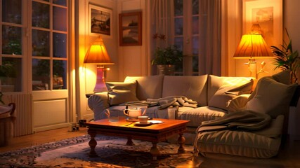 Sticker - A warm, inviting living room at night with large couches and lamps casting a soft glow A cozy living room with oversized furniture and soft lighting