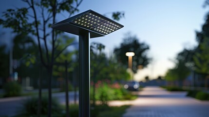 Design an eco-friendly road light with solar panels integrated into the top.