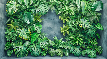 Wall Mural - Tropical green leaves creating a frame on a concrete wall