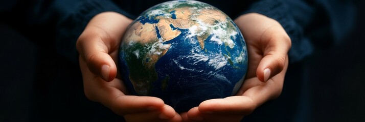 A pair of hands cradles a miniature globe representing Earth. This image symbolizes environmental responsibility, global interconnectedness, and the fragility of our planet. It's a powerful visual rem