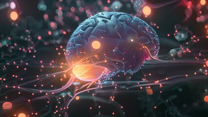 Poster - a digital rendering of a brain absorbing new information, represented by a stream of glowing data en