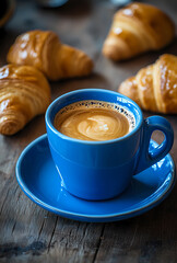 cup of hot coffee and fresh croissants on a wooden background, morning atmosphere. Creative layout and concept of healthy food and French breakfast