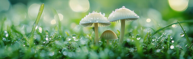 Wall Mural - A serene image of three delicate mushrooms emerging from a dew-moistened grassland. The mushrooms are small and white with droplets of water clinging to their caps, representing the fragility of life,