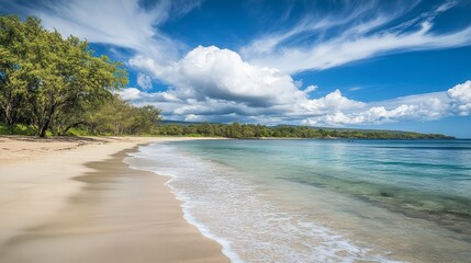 A serene sandy beach meets the crystal-clear turquoise ocean under a bright blue sky dotted with fluffy white clouds. Palm trees sway gently in the breeze, creating a tropical paradise.