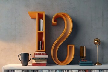 Wall Mural - Percent sign shape of shelf with books and decoration, empty copy space wide format background. 