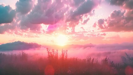 Poster - A serene landscape with a pink sunset casting a warm glow over a field shrouded in fog, A dreamy landscape with a pink sunset casting a warm glow