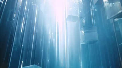 Poster - a surreal, ethereal scene with blue light raining down on a series of suspended cubes, a ethereal se