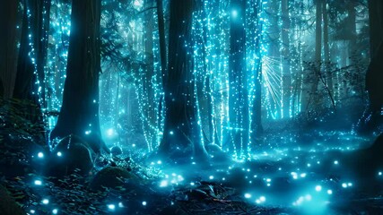 Poster - A serene forest scene with blue lights illuminating the trees and ground, creating a magical atmosphere, A ethereal setting with strands of light blue light filtering through the air