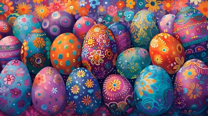 Bright and colorful Easter egg illustration with vibrant floral elements, featuring a whimsical and festive design perfect for spring celebrations.