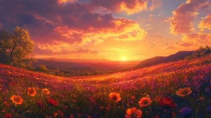 Sticker - A vibrant sunset paints the sky with warm hues of orange and pink, casting a golden glow over a field of wildflowers. The scene evokes feelings of tranquility and beauty, representing the cycle of lif