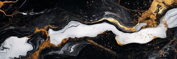 Sticker - Abstract marble design with flowing black, white, and gold patterns, symbolizing elegance, luxury, movement, nature, and artistry.