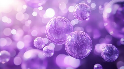 Wall Mural - An abstract image of delicate, shimmering purple bubbles floating against a blurred purple background. The bubbles symbolize ethereal beauty, fragility, and the fleeting nature of moments.