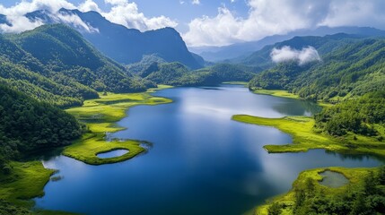 Sticker - An aerial view of Dajiu Lake, a picturesque lake nestled within the Shennongjia National Wetland Park. The image captures the serene beauty of the lake, surrounded by lush green hills and mountains. T