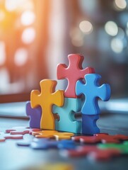 Canvas Print - Colorful puzzle pieces arranged in a tower symbolize teamwork, collaboration, problem-solving, and achieving success together. This image represents the interconnectedness of different parts to form a