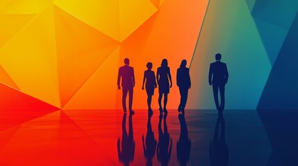 Poster - Five business people, silhouetted against a vibrant geometric background, walk confidently towards a bright future. The image symbolizes teamwork, progress, and the pursuit of success.