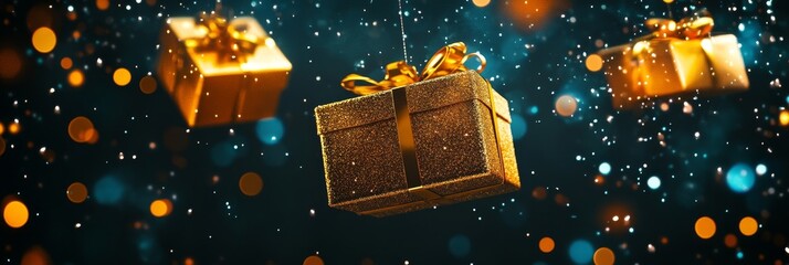 Poster - Three golden gift boxes with elegant bows levitate against a sparkling dark blue background, symbolizing magic, wonder, celebration, and the joy of giving.