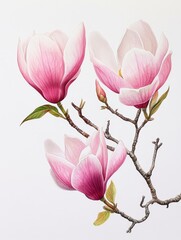 Poster - Three pink magnolia blossoms in full bloom, delicately arranged on a branch against a clean white background. The blossoms represent beauty, grace, and new beginnings, while the branch symbolizes grow