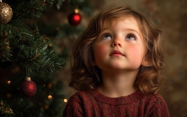 little girl look mysteriously up near the Christmas tree