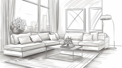 Wall Mural - Draw a stylish living room sketch featuring a sectional sofa, a chic coffee table, and a soft rug.