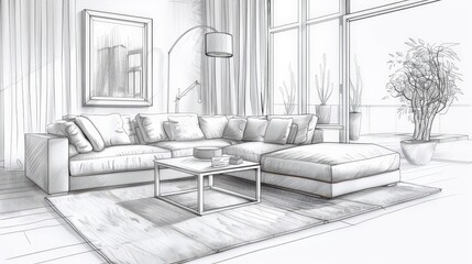 Wall Mural - Draw a stylish living room sketch featuring a sectional sofa, a chic coffee table, and a soft rug.