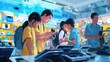 © wicha - Draw an Asian family shopping for electronics at a tech store.