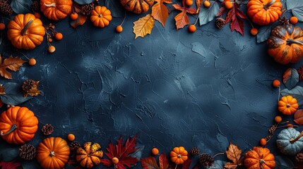 Wall Mural - Autumnal Pumpkin and Leaf Border on a Blue Background