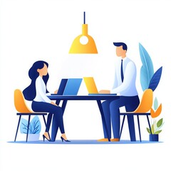 Illustration of two professionals working on laptops at a table with a lamp, plant, and modern chairs. Perfect for office themes.